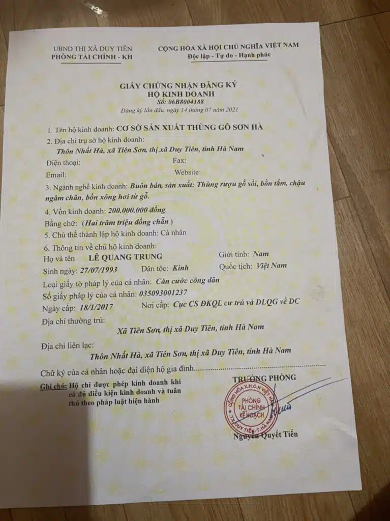 Địa chỉ mua thùng gỗ sồi tại Hà Nội uy tín giấy phép kinh doanh sản xuất của thùng rượu gỗ Sơn Hà tại Hà Nội