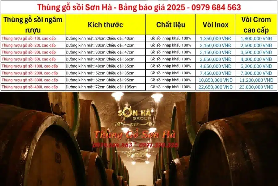 Bảng giá thùng gỗ sồi 5-300l tại Sơn Hà giá thùng gỗ sồi
