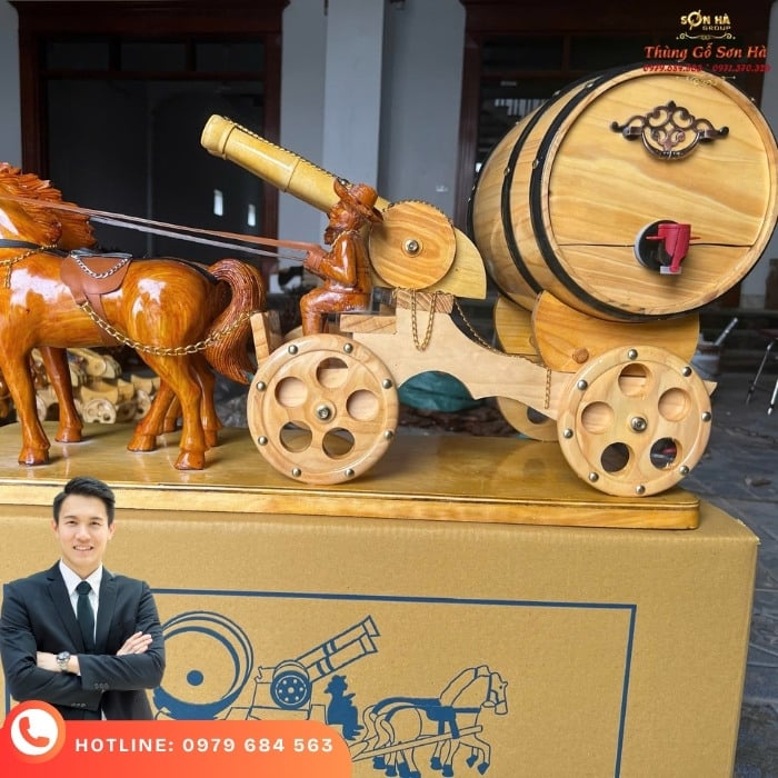 Xe ngựa kéo thùng rượu vang ngựa đôi kéo thùng rượu vang 100L khắc logo doanh nghiệp