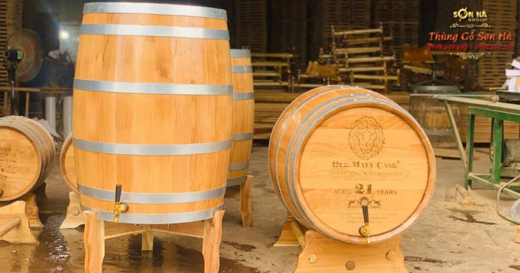 A beautifully handcrafted oak barrel from Vietnam, highlighting the wood grain and metal hoops.